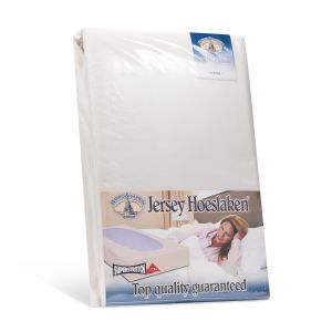 Topkwaliteit dubbeldoeks jersey hoeslaken van het merk Harris en Darwin in het ecru. Voor de matras maat 200x200/220cm.
