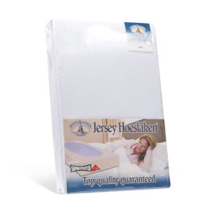 Topkwaliteit dubbeldoeks jersey hoeslaken van het merk Harris en Darwin in het wit. Voor de hoge matras op de maat 200x200/220cm.