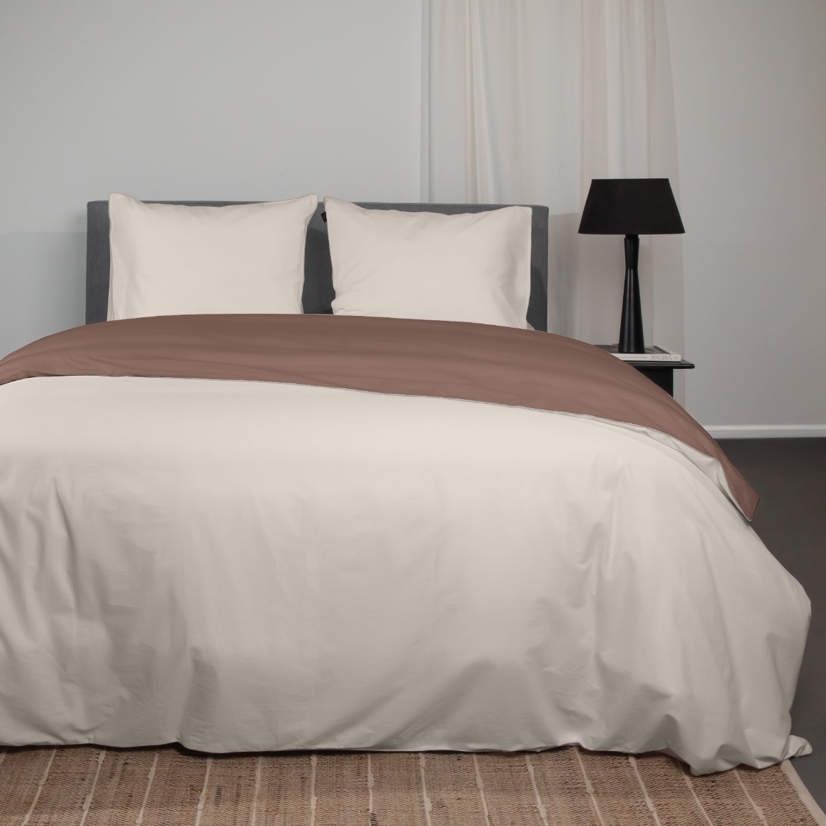 Katoenen Dekbedovertrek Taupe/Creme 140x200/220cm